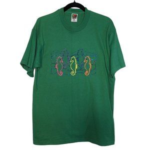 Fruit of the Loom BEST Vintage green Tshirt with multicolored Sea Horses Paintin